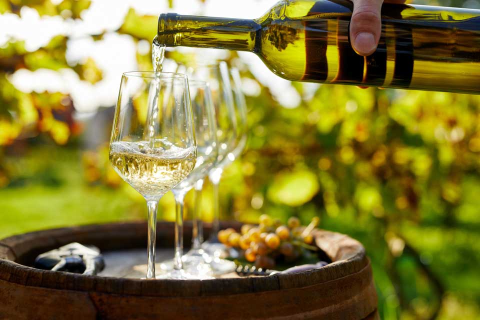 Calici di vino Moscato d'Asti con bottiglia